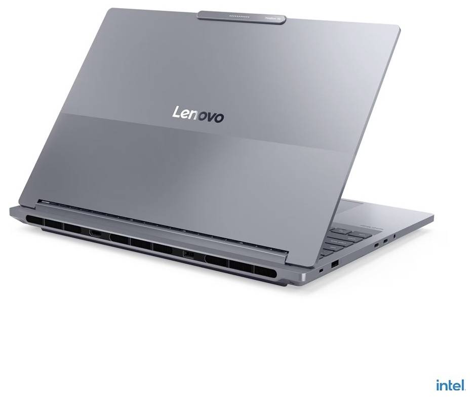 Ein geschlossenes Lenovo-Laptop mit „Intel"-Logo in der Ecke, das die Rückseite und Seite mit sichtbaren Lüftungsschlitzen zeigt.