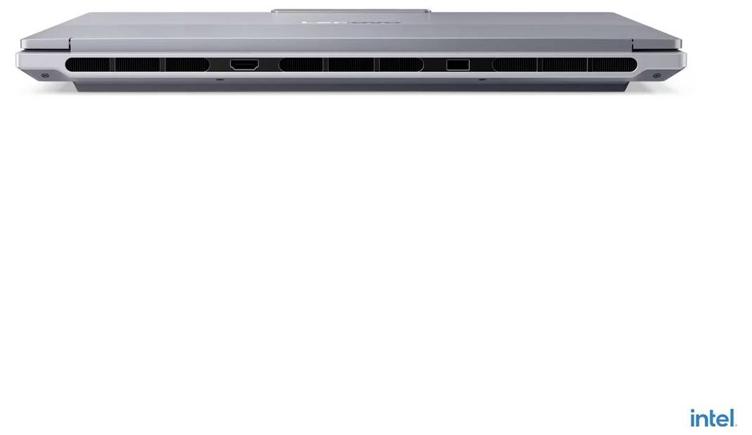 Ein geschlossener silberner Laptop, von der Seite betrachtet, der Lüftungsschlitze und Anschlüsse zeigt. Das Intel-Logo ist in der unteren rechten Ecke sichtbar.