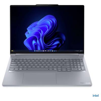 Ein eleganter, moderner Laptop mit großem Display, das den Windows-11-Desktop anzeigt. Ein sichtbares Intel-Logo befindet sich in der unteren rechten Ecke.