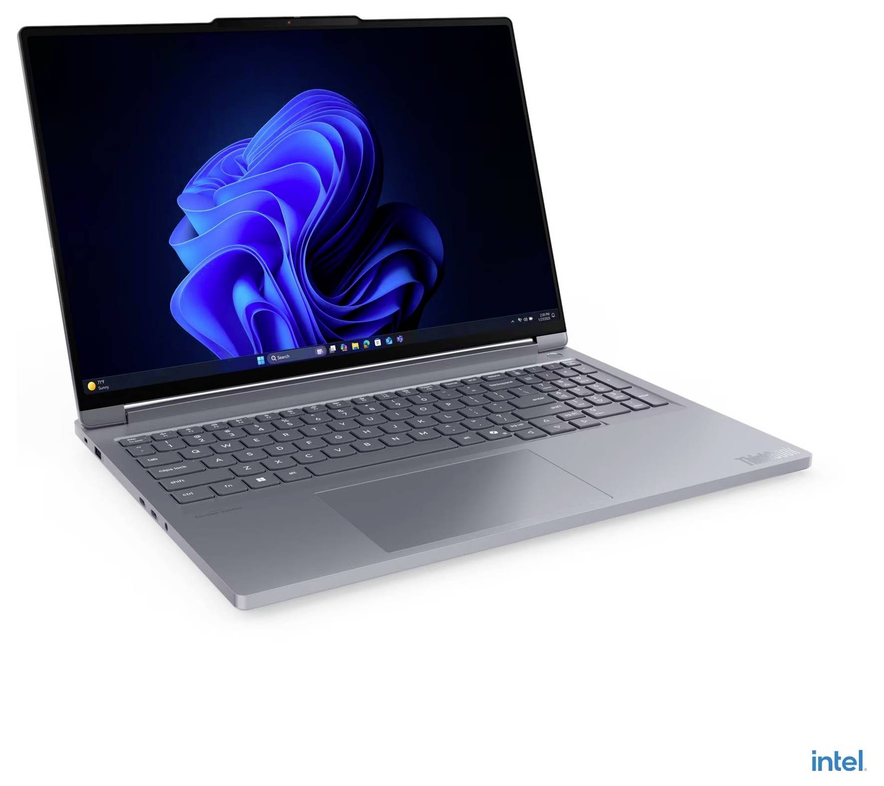 Ein eleganter, silberner Laptop mit teilweise geöffnetem Bildschirm, auf dem ein lebendiges blaues Wirbelmuster angezeigt wird. Die Tastatur ist sichtbar. Intel-Logo vorhanden.