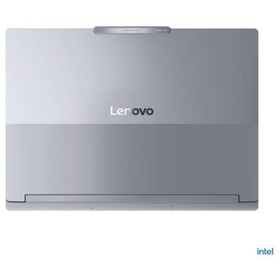 Das Bild zeigt einen geschlossenen Lenovo-Laptop mit einem „ThinkBook"-Etikett am Scharnier, mit elegantem silbernem Design und Intel-Branding.