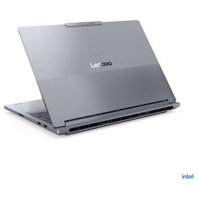 Lenovo-Laptop, teilweise offen, zeigt sein Logo auf der Rückseite des Bildschirms; verfügt über ein elegantes Design mit sichtbaren Belüftungsöffnungen.