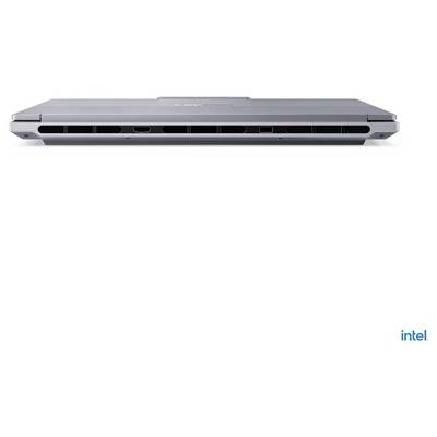 Ein geschlossener silberner Laptop, von hinten betrachtet, mit mehreren Anschlüssen an der Kante; das "Intel"-Logo ist in der Ecke sichtbar.
