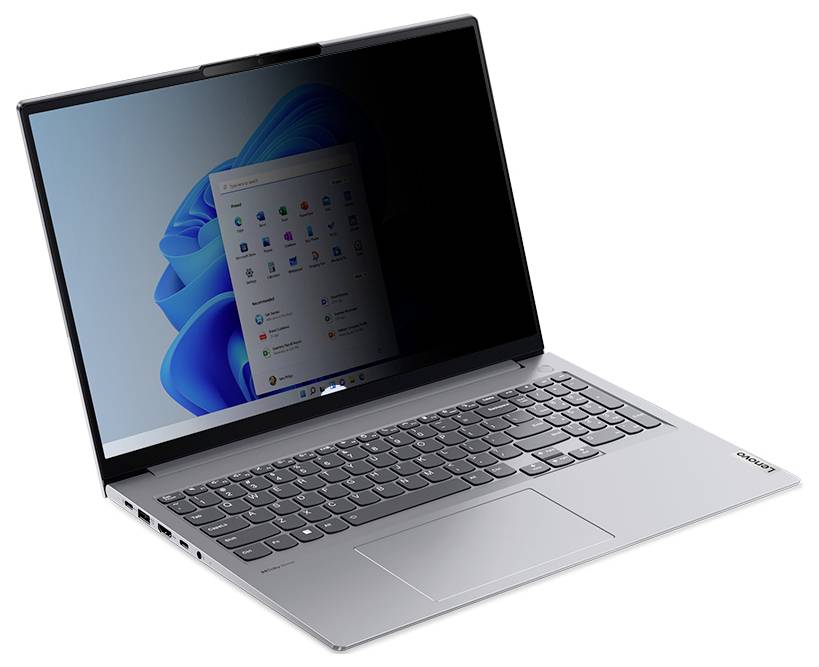 Luftaufnahme eines schwarzen Laptops mit einer vollständigen Tastatur und einem großen Touchpad. Der Bildschirm zeigt ein minimalistisches, ozeangerichtetes Hintergrundbild.