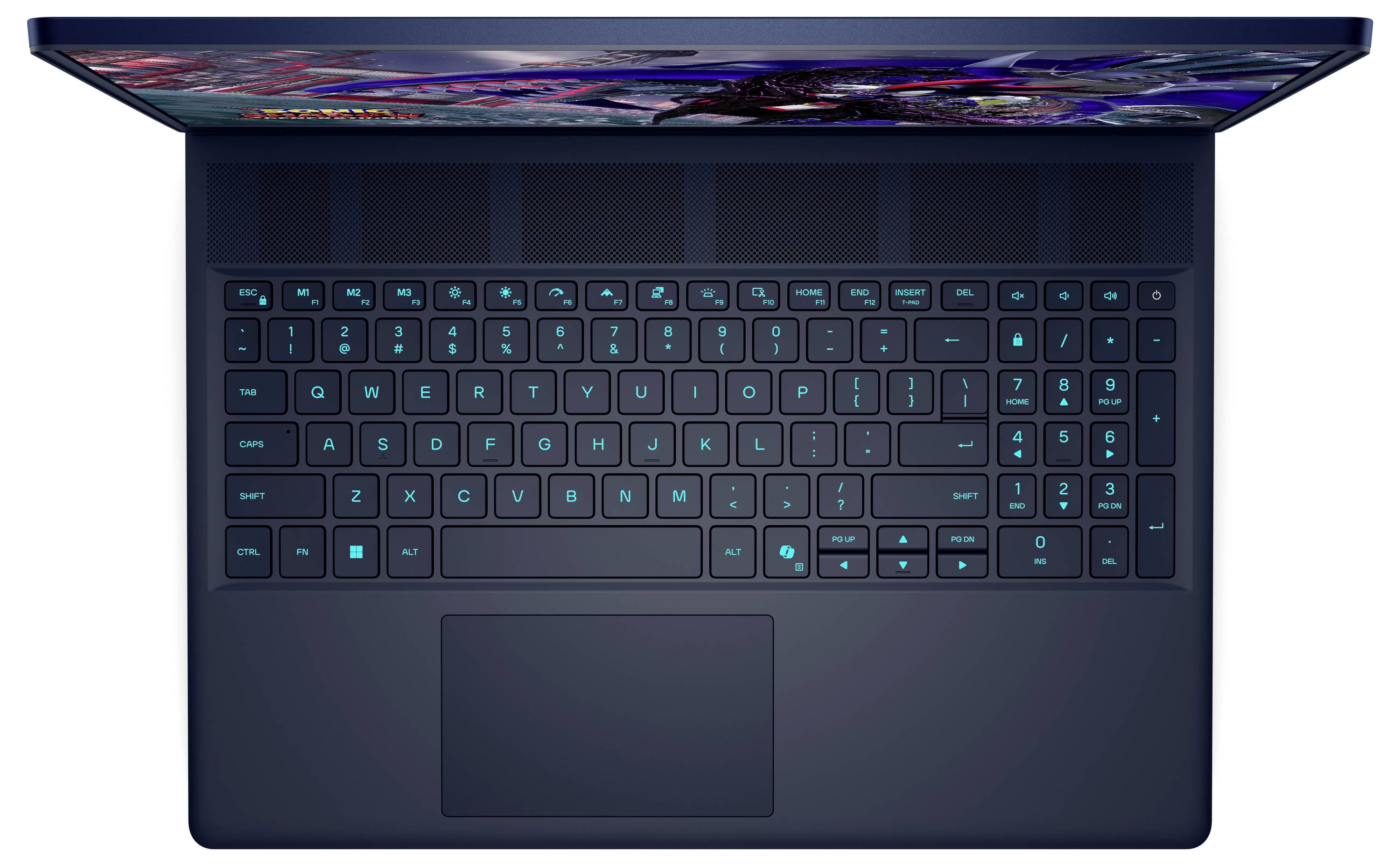 Draufsicht auf einen offenen Laptop, der eine hintergrundbeleuchtete Tastatur und einen Teil des Bildschirms zeigt. Die Tasten sind in einer Blaugrünfarbe beleuchtet.