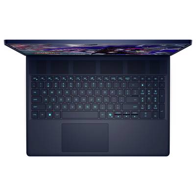 Draufsicht auf einen offenen Laptop, der eine hintergrundbeleuchtete Tastatur und einen Teil des Bildschirms zeigt. Die Tasten sind in einer Blaugrünfarbe beleuchtet.