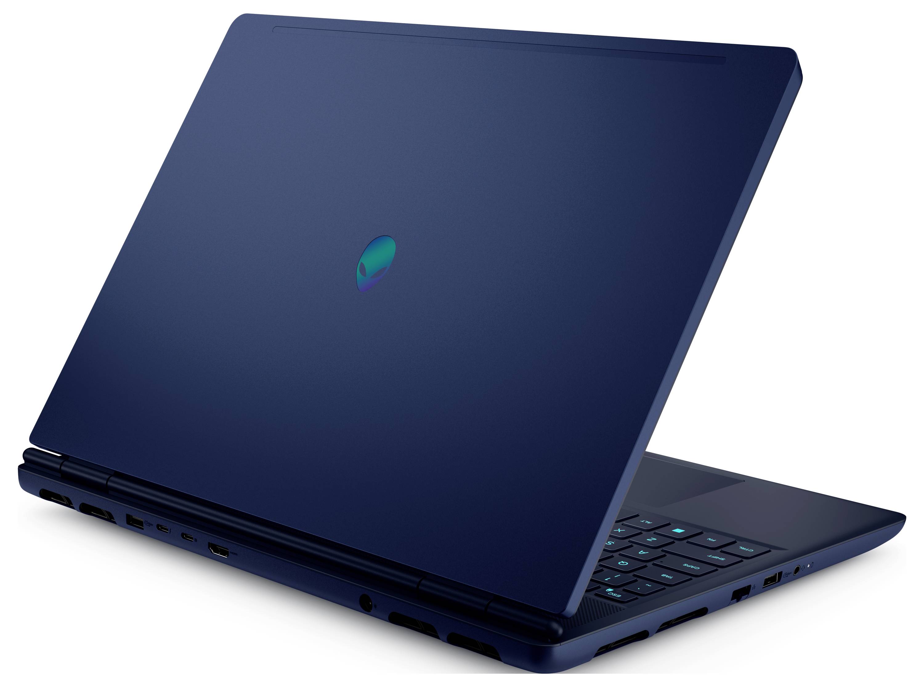 Ein eleganter, dunkelblauer Laptop, teilweise geöffnet, mit einem leuchtenden Alien-Logo auf dem Deckel, das auf ein High-Performance-Gaming-Gerät hindeutet.