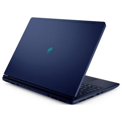 Ein eleganter, dunkelblauer Laptop, teilweise geöffnet, mit einem leuchtenden Alien-Logo auf dem Deckel, das auf ein High-Performance-Gaming-Gerät hindeutet.