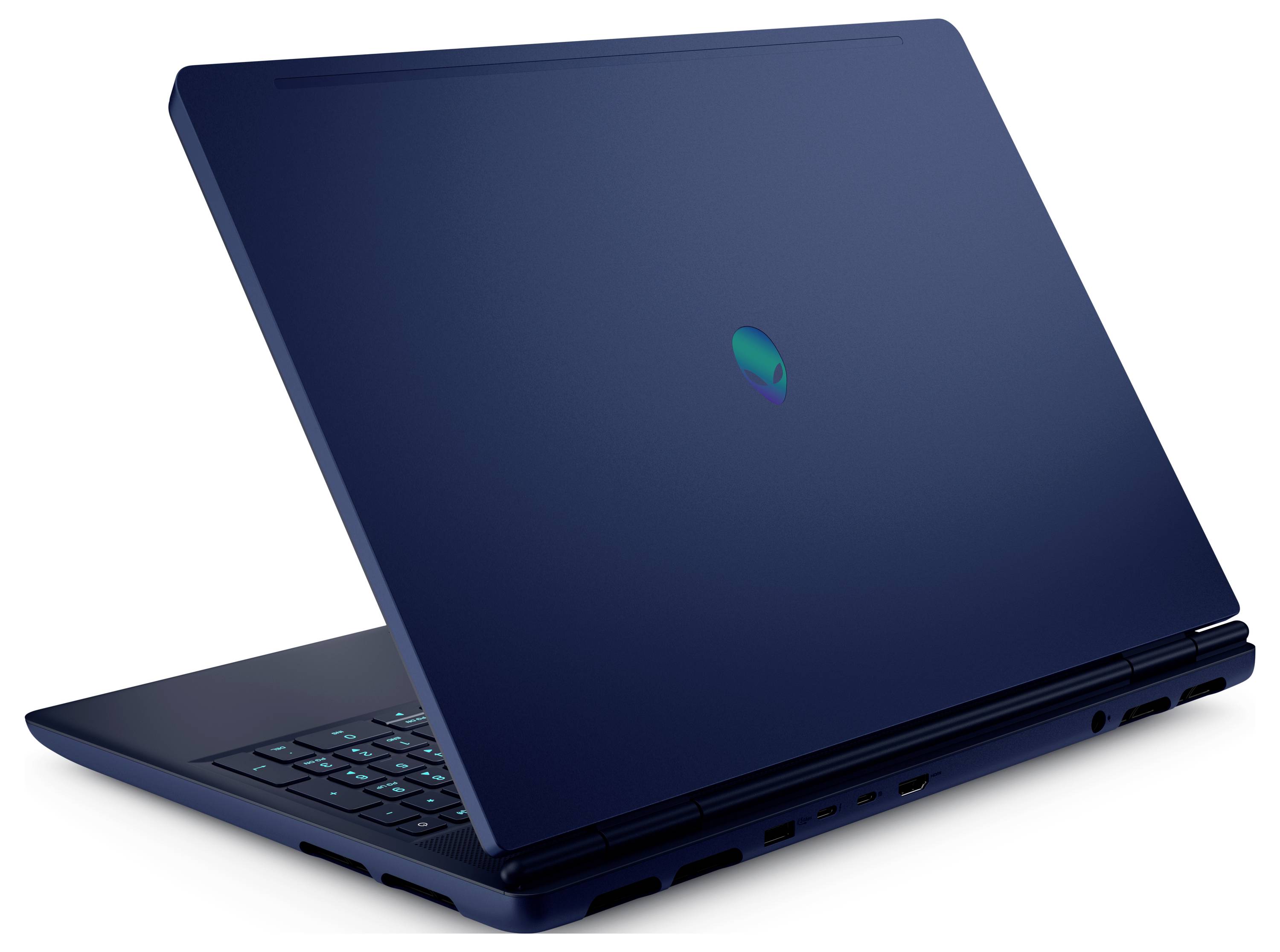 Ein eleganter, geschlossener dunkelblauer Laptop mit leuchtendem Logo auf der Rückseite, teilweise geöffnet, um eine leuchtende Tastatur zu enthüllen, auf weißem Hintergrund angeordnet.