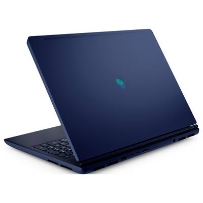 Ein eleganter, geschlossener dunkelblauer Laptop mit leuchtendem Logo auf der Rückseite, teilweise geöffnet, um eine leuchtende Tastatur zu enthüllen, auf weißem Hintergrund angeordnet.