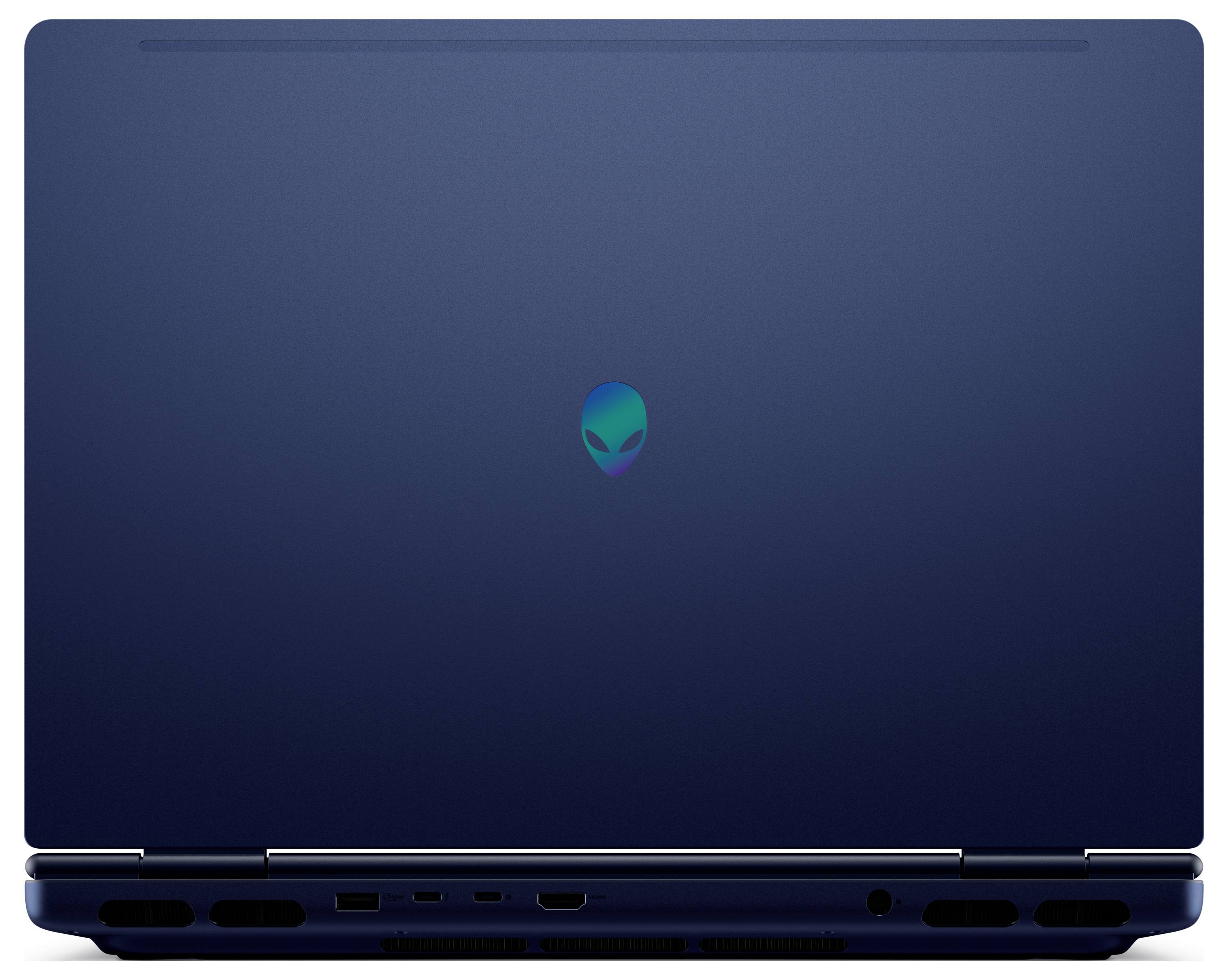 Ein geschlossener blauer Laptop mit einem leuchtenden Alien-Logo auf der Rückseite.