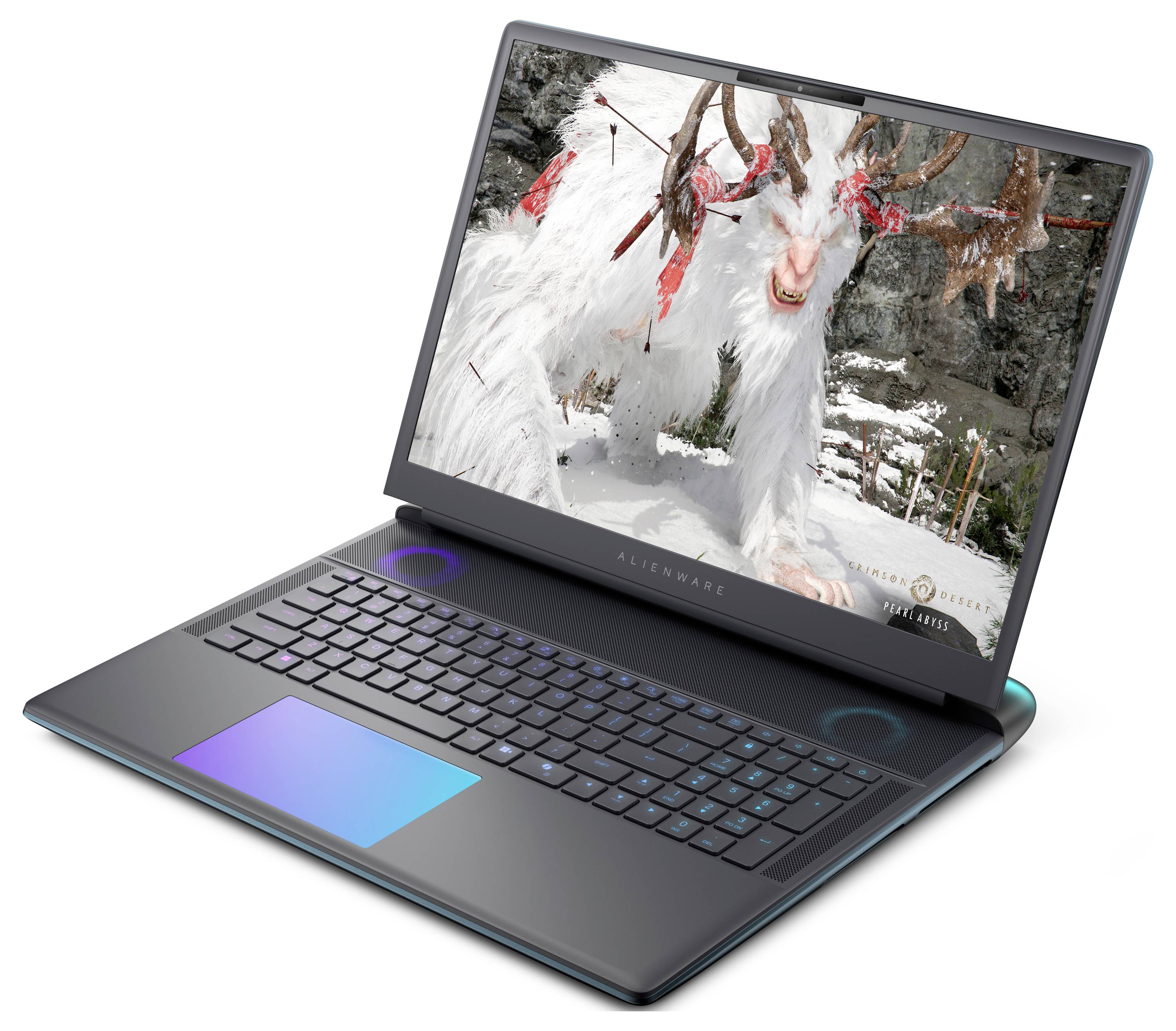 Ein eleganter Laptop mit leuchtender Tastatur zeigt eine Videospielszene mit einer schneebedeckten Kreatur mit Geweihen in einer verschneiten Landschaft.