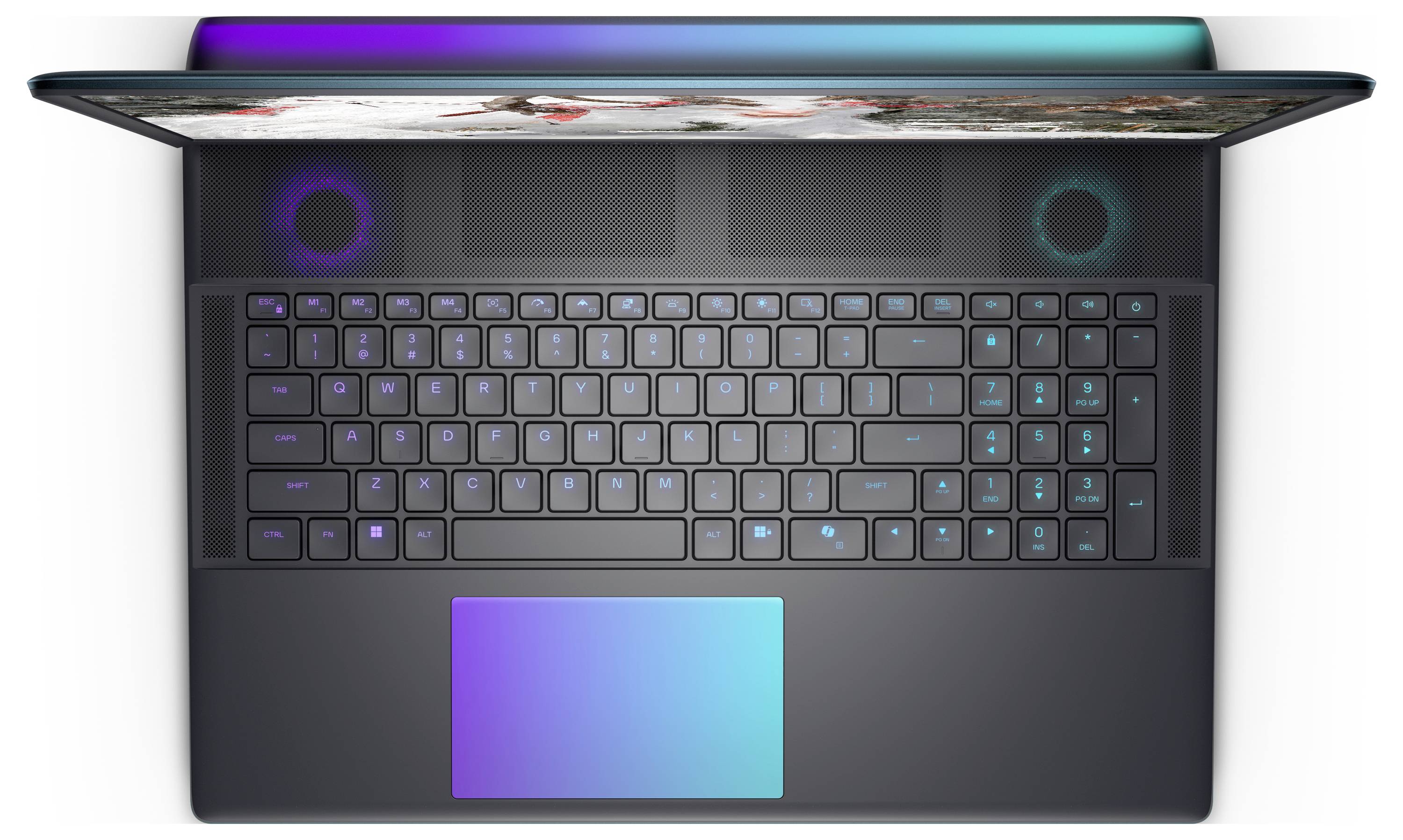 Eine Draufsicht auf einen offenen Laptop mit einer farbenfrohen, hintergrundbeleuchteten Tastatur und einem Touchpad, was einen Fokus auf Gaming oder Design suggeriert.