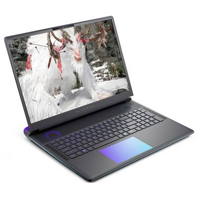 Ein Laptop, der eine Videospiel-Szene zeigt, auf der eine Fantasy-Kreatur mit Hörnern und roten Augen in einer verschneiten Umgebung zu sehen ist.