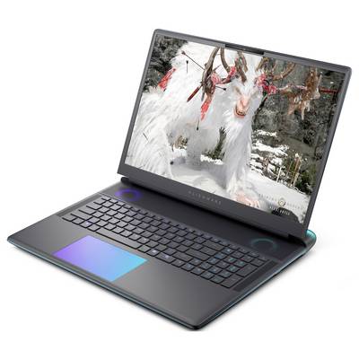 Ein Laptop zeigt ein Fantasy-Videospiel mit einer schneebedeckten Kreatur mit Geweih und roten Verzierungen in einer winterlichen Landschaft.