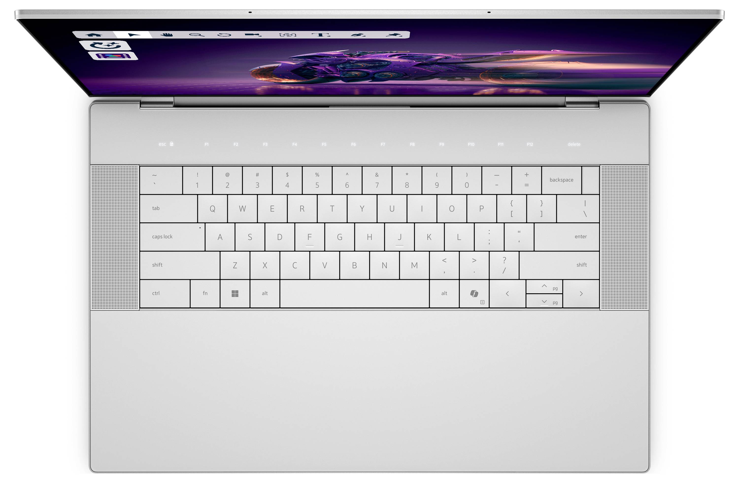 Ein silberner Laptop aus der Vogelperspektive, mit einer vollständigen QWERTY-Tastatur und einem teilweise geöffneten Bildschirm, auf dem ein farbenfrohe abstrakte Bild angezeigt wird.