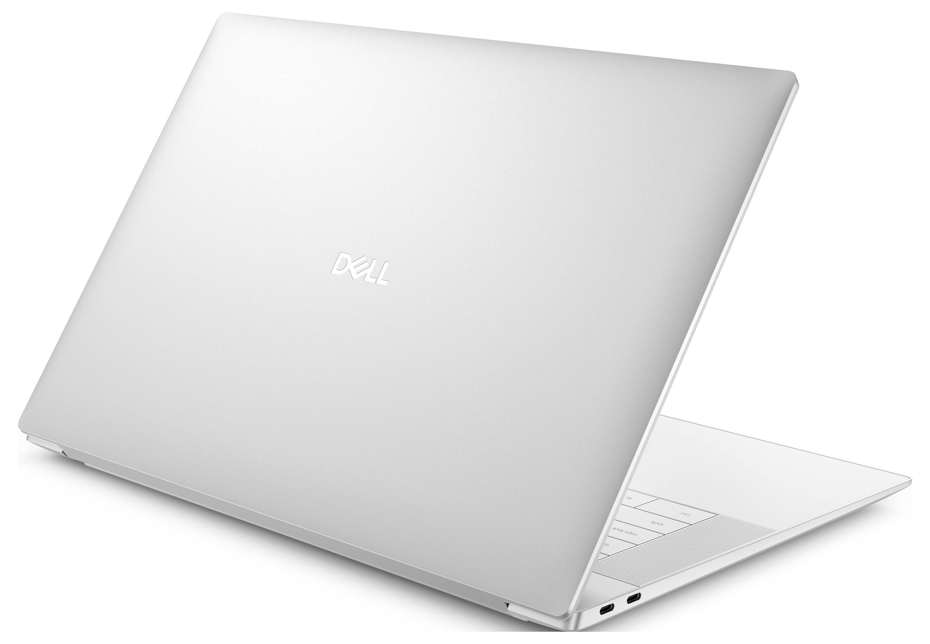 Ein silberner Dell-Laptop, teilweise geöffnet, präsentiert sein elegantes Design auf weißem Hintergrund.