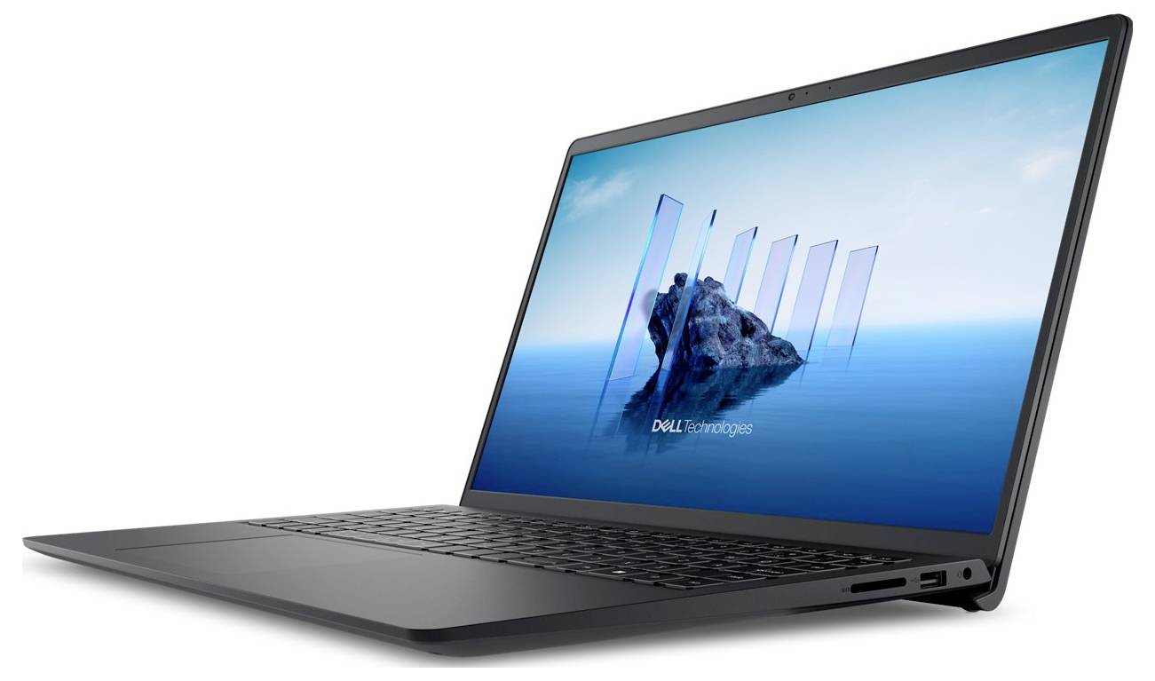 Ein schlanker, schwarzer Laptop in schräger Perspektive, auf dessen Bildschirm eine ruhige Meeresszene mit einer Felsengruppe und dem Logo "Dell Technologies" angezeigt wird.