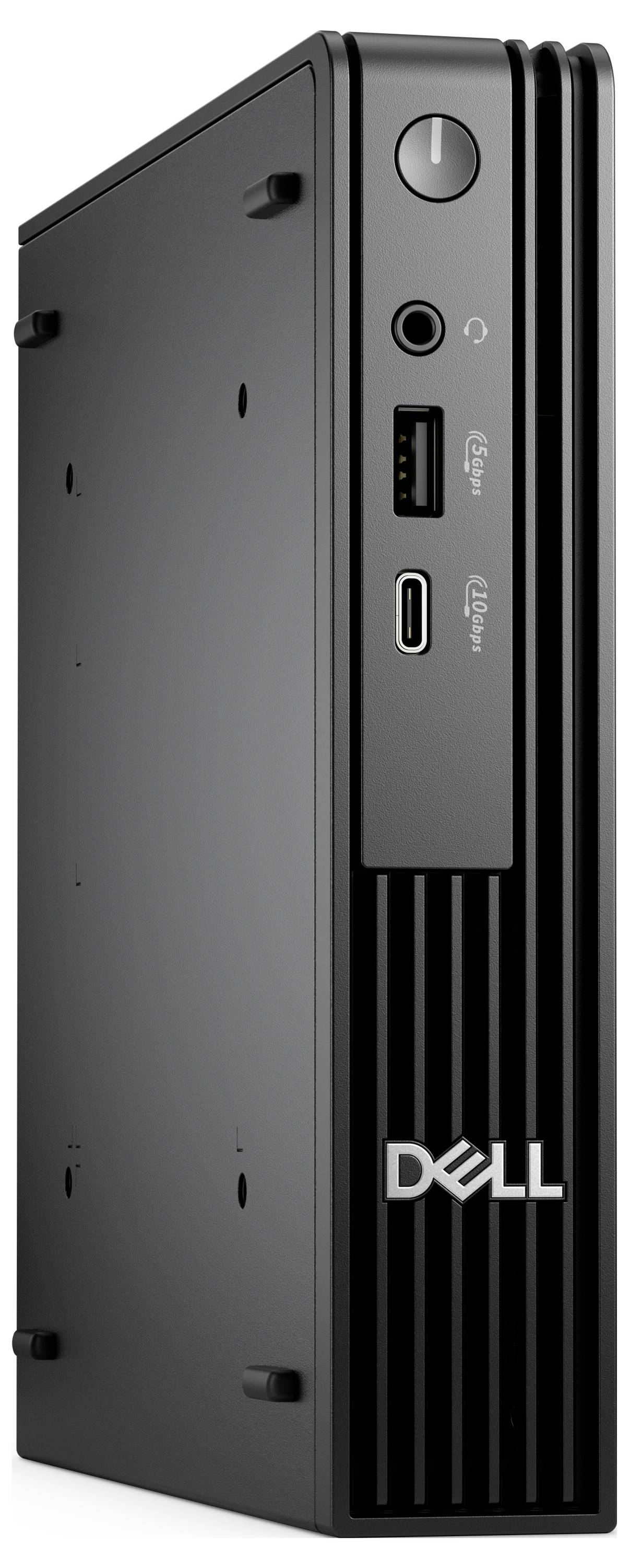 Ein schwarzer Dell Mini-Desktop-Computer mit Frontanschlüssen und Branding, konzipiert für platzsparende Verwendung.