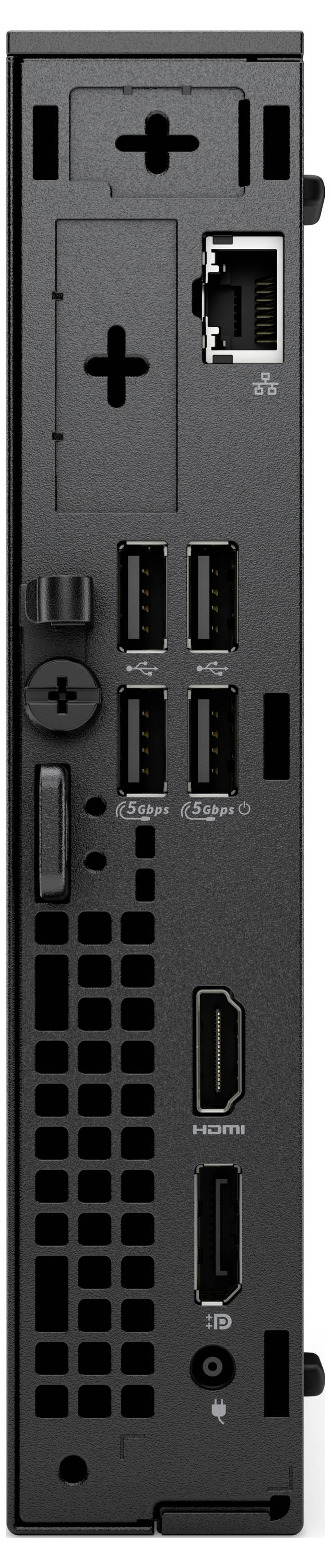 Rückansicht einer Spielekonsole mit mehreren USB-Anschlüssen, HDMI-Ausgang, Ethernet-Anschluss und Belüftungsgittern zur Kühlung.