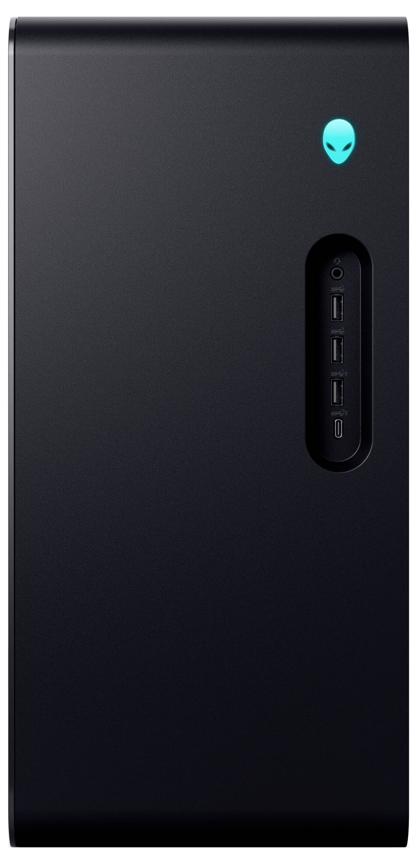 Ein schwarzer Computer-Turm mit einem leuchtenden Alien-Logo oben drauf und mehreren Anschlüssen auf der Frontplatte.