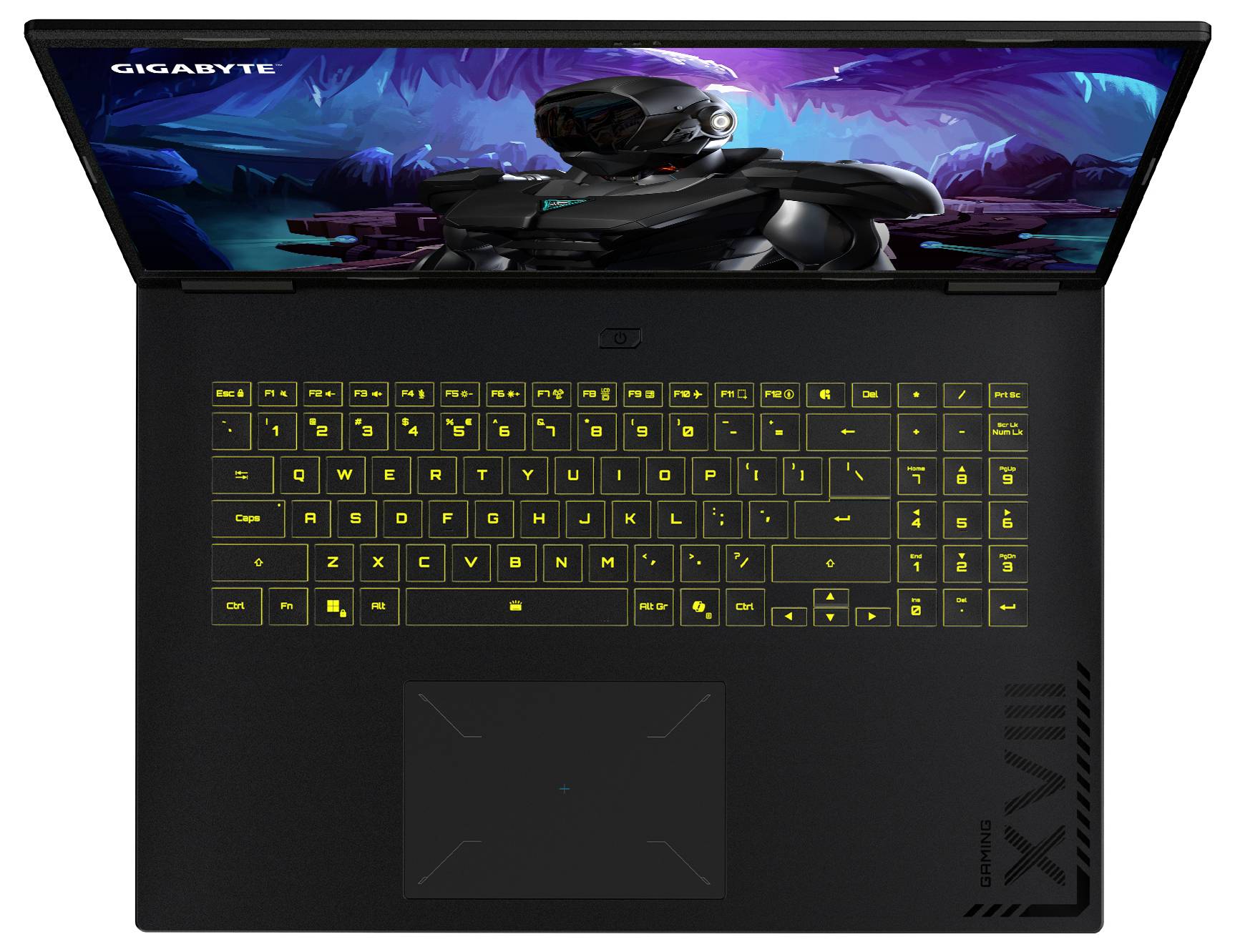 Ein Laptop mit einem lebhaften Bildschirm, auf dem eine futuristische Szene angezeigt wird. Die Tastatur ist mit gelbem Licht beleuchtet, und die Marke „GIGABYTE" ist sichtbar.