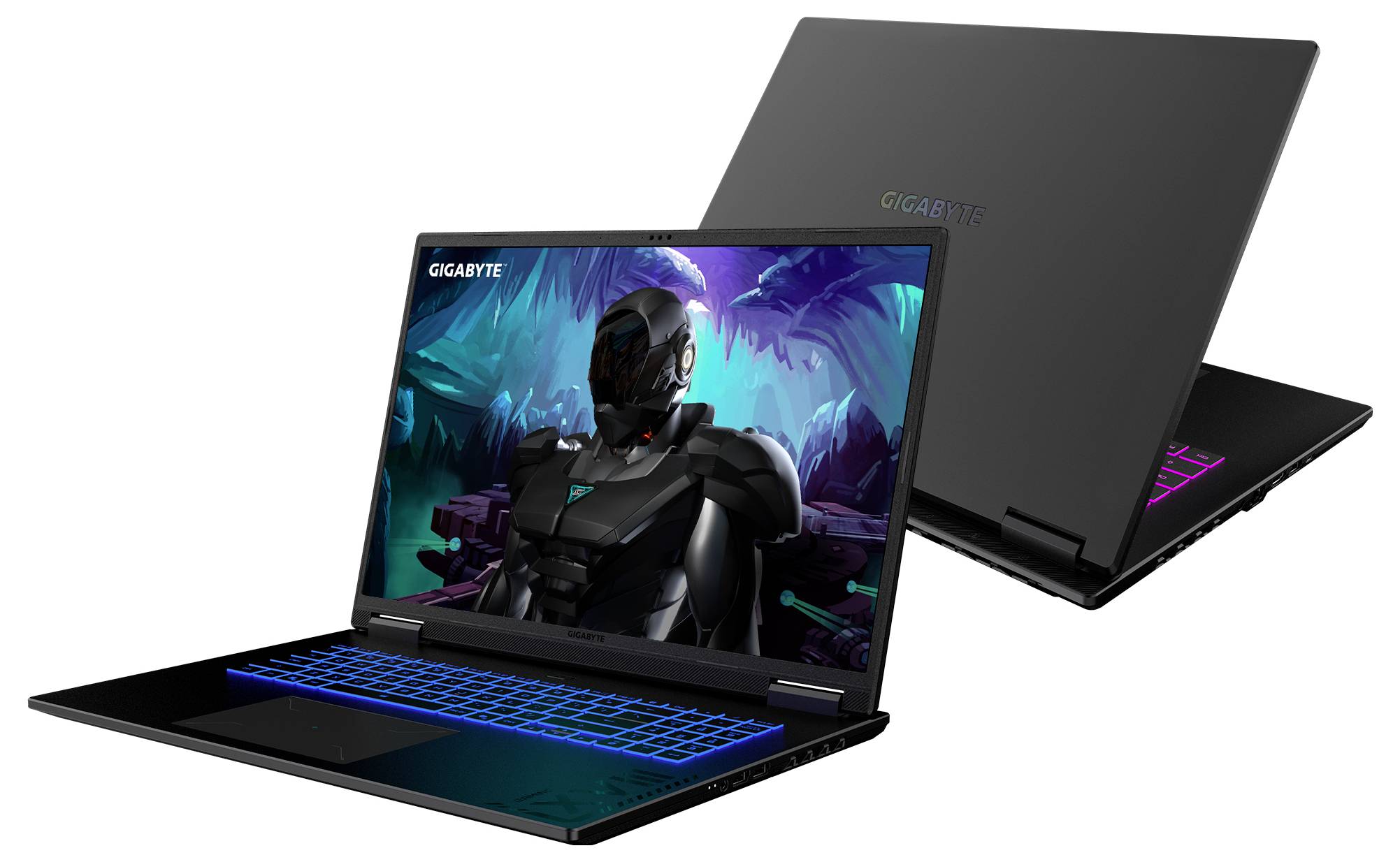„Zwei schwarze Laptops; einer offen mit einer futuristischen Szene mit einem Roboter auf dem Display, der andere geschlossen, wobei das Design hervorgehoben wird. Markenname auf dem Bildschirm."