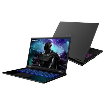 „Zwei schwarze Laptops; einer offen mit einer futuristischen Szene mit einem Roboter auf dem Display, der andere geschlossen, wobei das Design hervorgehoben wird. Markenname auf dem Bildschirm."