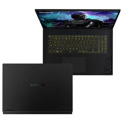 Ein schwarzer Gaming-Laptop von Gigabyte, gezeigt aufgeklappt mit einer futuristischen Spielszene auf dem Bildschirm und leuchtender gelb beleuchteter Tastatur, sowie von oben in geschlossenem Zustand.