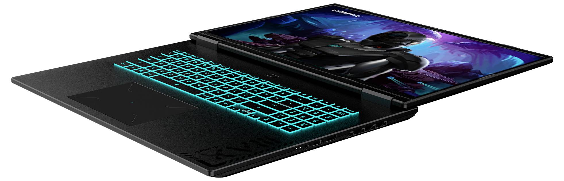 Ein Gaming-Laptop mit leuchtender Tastatur, auf dessen Bildschirm eine Wissenschaftsfiktions-Spielfigur angezeigt wird. Das Wort „Samsung" befindet sich am oberen Rand des Bildschirms.