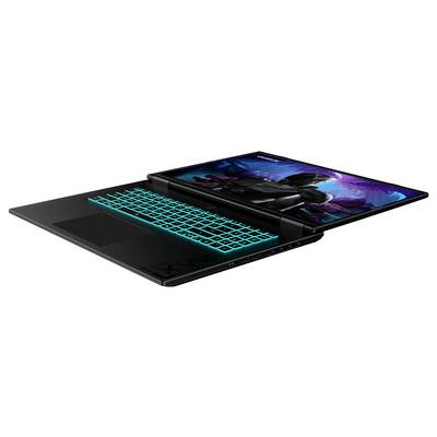 Ein Gaming-Laptop mit leuchtender Tastatur, auf dessen Bildschirm eine Wissenschaftsfiktions-Spielfigur angezeigt wird. Das Wort „Samsung" befindet sich am oberen Rand des Bildschirms.