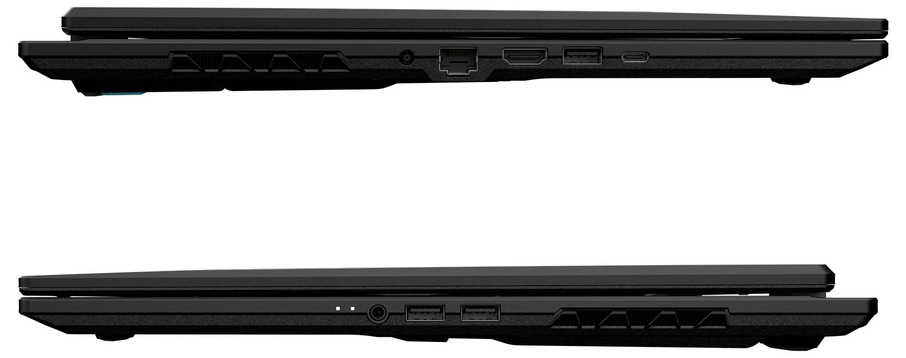 Zwei nebeneinander angeordnete Bilder von Seitenprofilen eines schlanken schwarzen Laptops, die die Anschlüsse und Designmerkmale an jeder Kante hervorheben.
