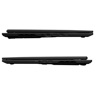 Zwei nebeneinander angeordnete Bilder von Seitenprofilen eines schlanken schwarzen Laptops, die die Anschlüsse und Designmerkmale an jeder Kante hervorheben.
