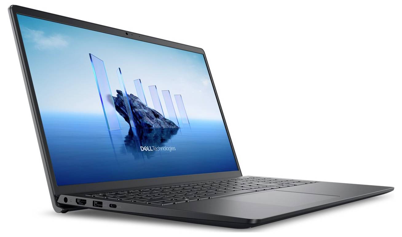 Ein eleganter schwarzer Laptop mit einem Bildschirm, auf dem abstrakte blaue Kunst angezeigt wird. Das Dell-Logo ist sichtbar und zeigt modernes Design und Technologie.