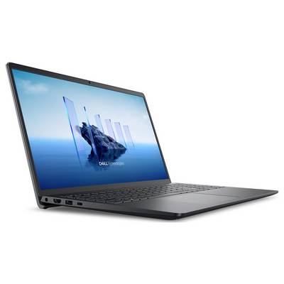 Ein eleganter schwarzer Laptop mit einem Bildschirm, auf dem abstrakte blaue Kunst angezeigt wird. Das Dell-Logo ist sichtbar und zeigt modernes Design und Technologie.
