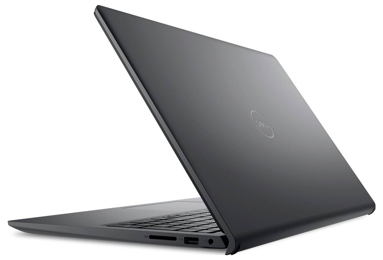 Ein schlanker, schwarzer Laptop, teilweise geschlossen, zeigt das Markenlogo auf dem Deckel. Der Fokus liegt auf dem modernen Design und dem dünnen Profil.