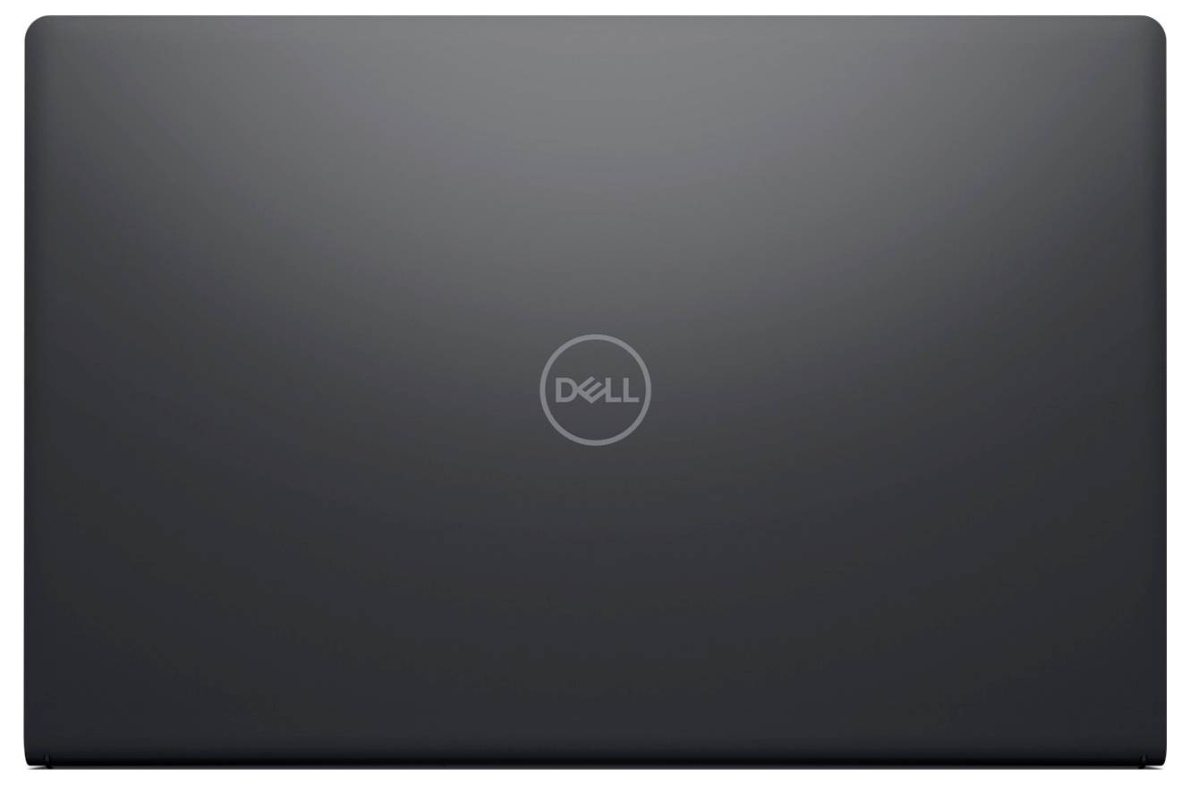 Geschlossener Dell-Laptop mit eleganter schwarzer Oberfläche, auf dessen Deckelober­seite das Dell-Logo in der Mitte angebracht ist.