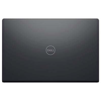 Geschlossener Dell-Laptop mit eleganter schwarzer Oberfläche, auf dessen Deckeloberseite das Dell-Logo in der Mitte angebracht ist.