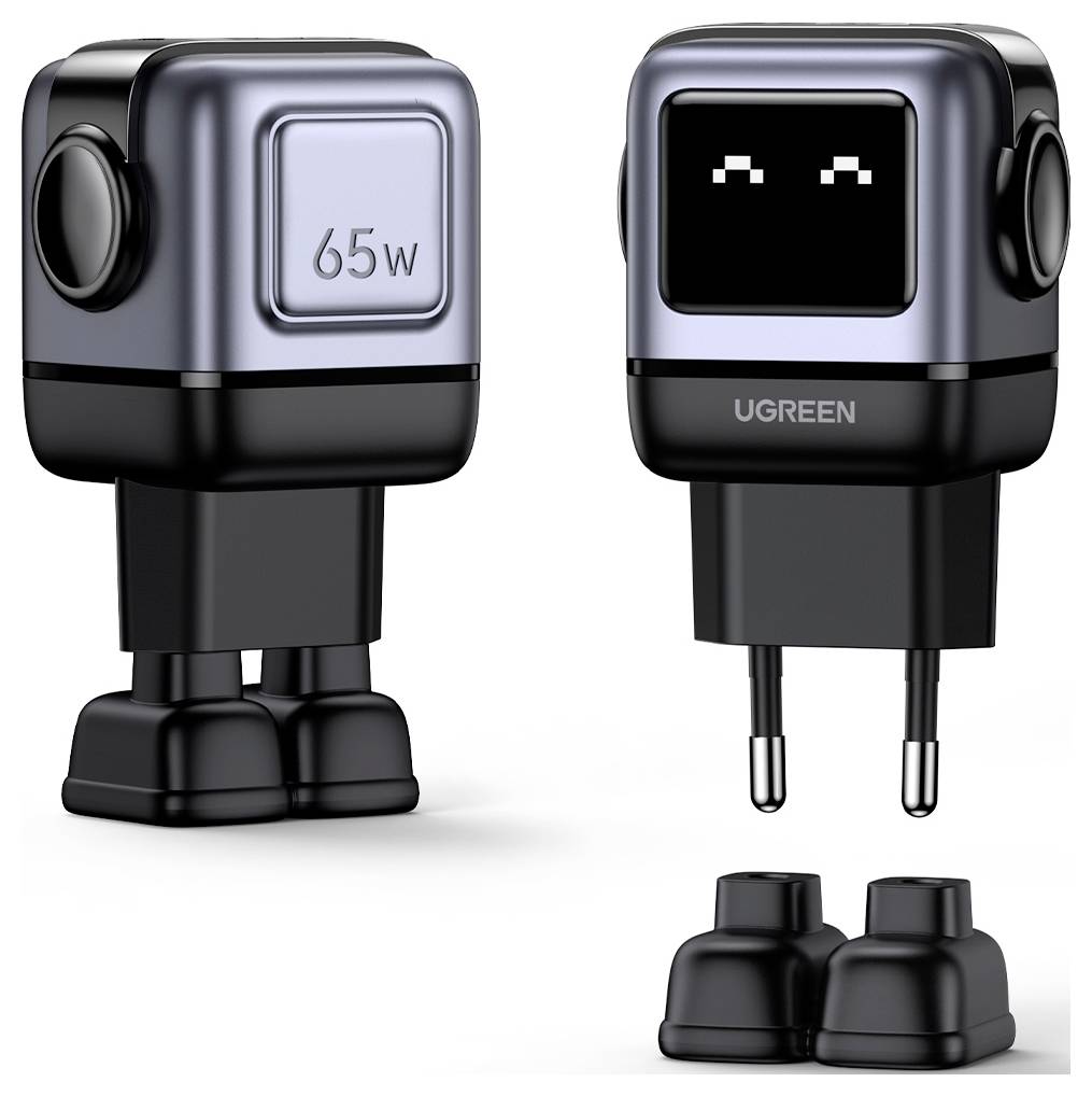Ugreen 65-W-Ladegerät mit zwei austauschbaren Steckertypen, kompaktes, würfelförmiges Design mit digitaler Anzeige.