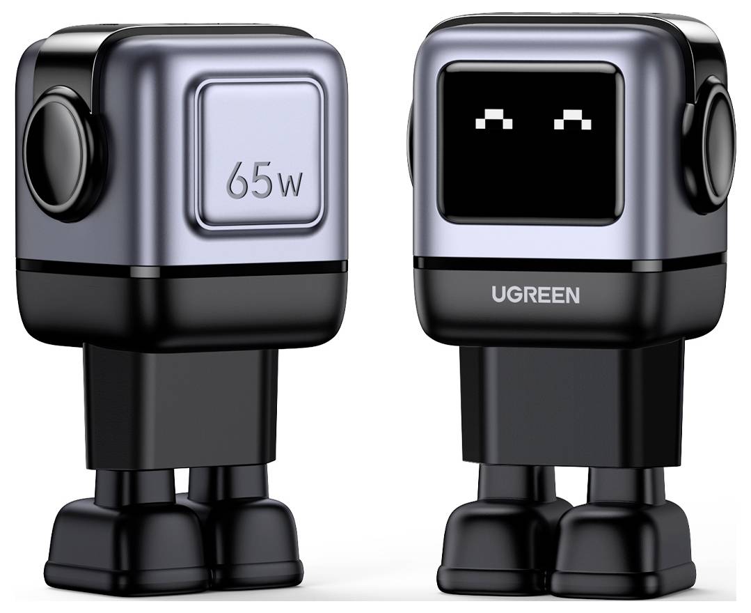 Zwei robotähnliche Figuren, eine mit "65W" auf ihrer Vorderseite, beide mit digitalen Augen. "UGREEN" ist auf einer sichtbar, was auf eine Marke hindeutet.