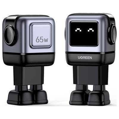 Zwei robotähnliche Figuren, eine mit "65W" auf ihrer Vorderseite, beide mit digitalen Augen. "UGREEN" ist auf einer sichtbar, was auf eine Marke hindeutet.
