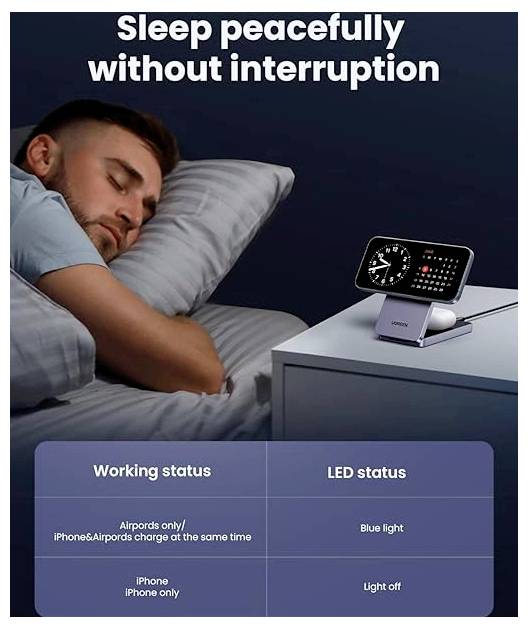 Ein Mann schläft neben einem Nachttisch mit einer Ladestation und LED-Anzeige. Der Text lautet „Schlafen Sie ungestört und friedlich".