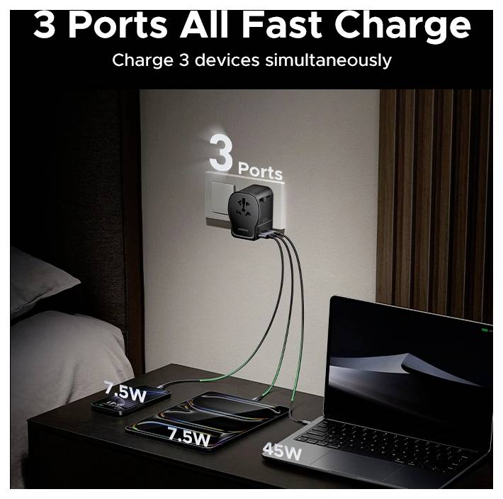 UGREEN S550 65W Universal Travel Adapter Reiseladeadapter 65 W USB-C®, USB-A QC 4+ Schwarz, Grau GaN-3