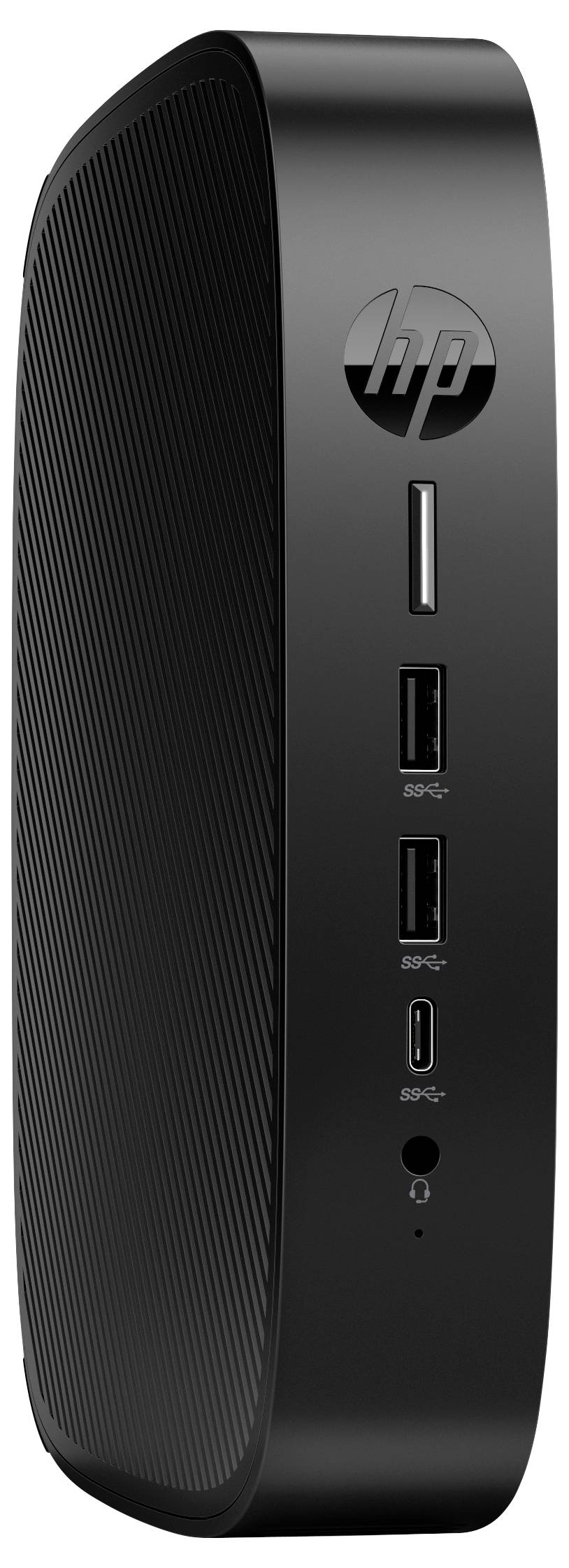 Ein schwarzer HP-Desktop-Miniturm mit Logo, mit mehreren Frontanschlüssen einschließlich USB und Audioeingängen, von der linken Seite betrachtet.