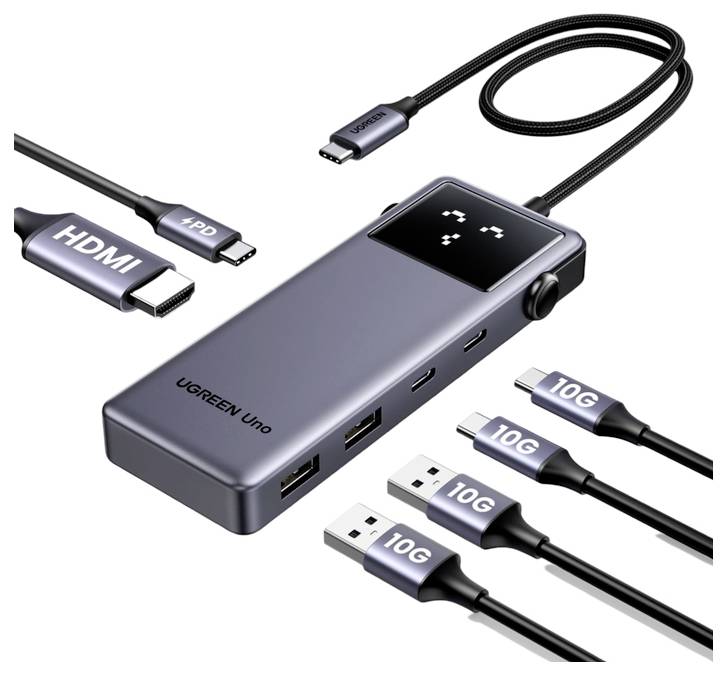 UGREEN Uno Dockingstation mit HDMI und mehreren USB-C/USB-A-Anschlüssen, verbunden mit Kabeln mit der Bezeichnung "10G" für Datenübertragung.