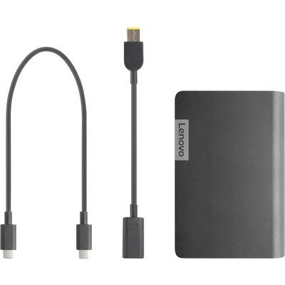 Eine externe Festplatte von Lenovo und zwei Verbindungskabel werden gezeigt, wobei Speicher- und Konnektivitätsoptionen hervorgehoben werden.