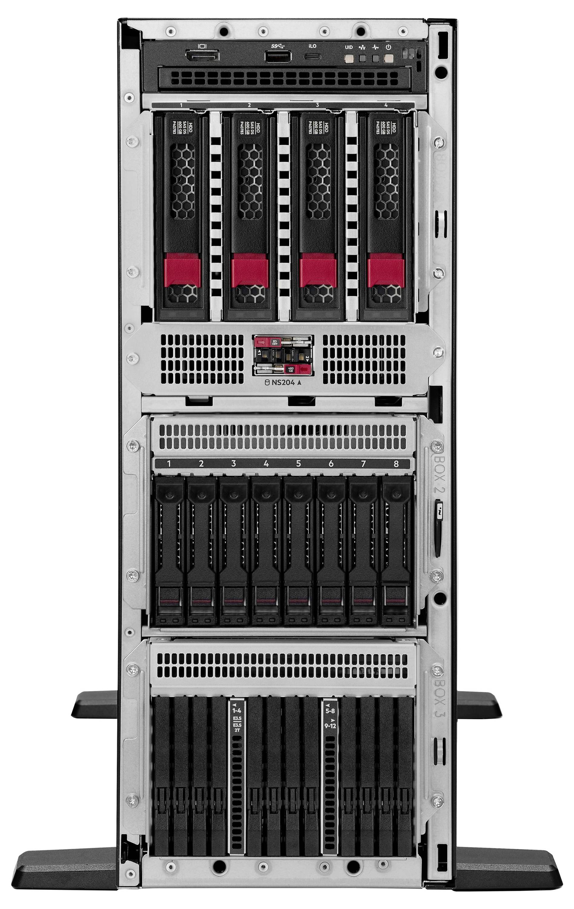 Vorderansicht eines Serverracks mit mehreren installierten Festplattenlaufwerken, ausgestattet mit mehreren roten Griffen und schwarzen Gehäusen, was auf eine Serverkonfiguration hindeutet.