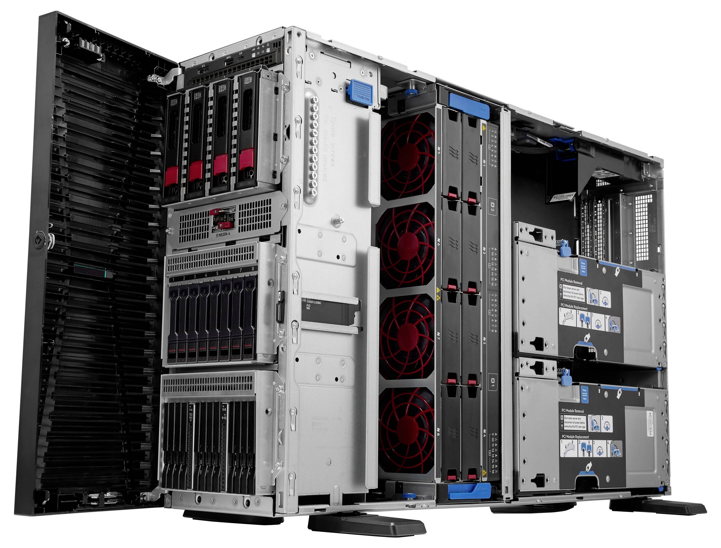Das Bild zeigt das Innere eines großen Serverracks mit mehreren roten und blauen Komponenten, einschließlich Kühlventilatoren und Speicherplätzen.