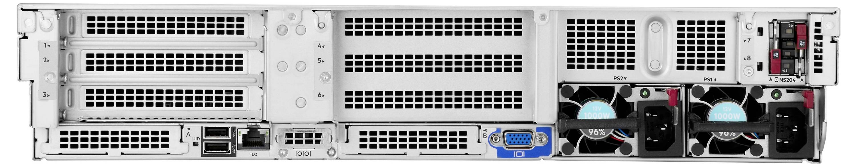 Rückansicht einer Servereinheit mit mehreren Steckplätzen für Erweiterungskarten, Netzwerkports und Kühlventilatoren, die die Hardwarekonfiguration veranschaulicht.