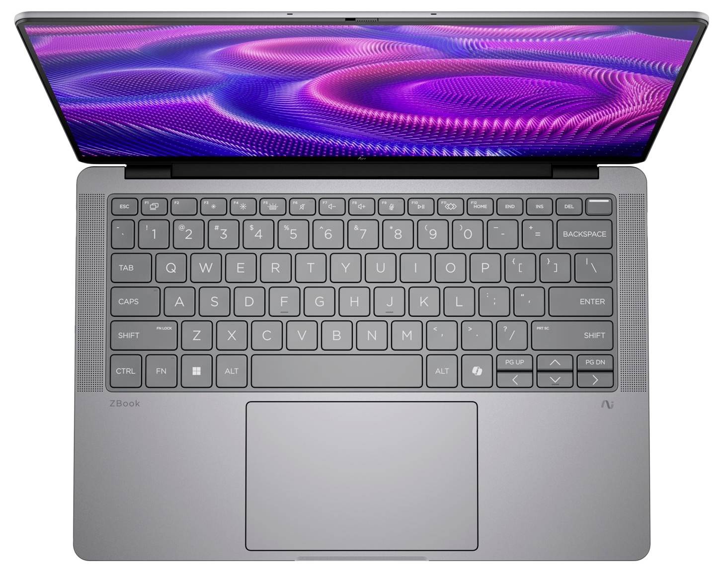 Ein aufgeklappter Laptop mit sichtbarer Tastatur und Touchpad, auf dem Bildschirm ein lebendiges, welliges Muster in Violett und Blau angezeigt.